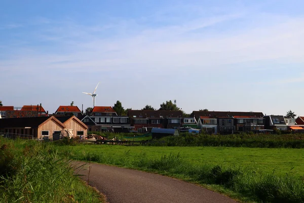 オランダのカントリーハウス 緑の芝生 2頭の馬 田舎の風景 オランダの自然 オランダの田園風景 木造住宅 緑の木々 オランダの美しい自然 — ストック写真