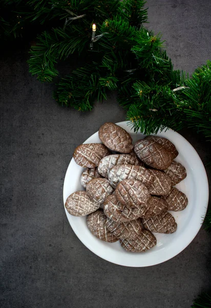 Christmas Biscuits Close Photo Fir Tree Branches Anise Stars Cinnamon — Stock Photo, Image