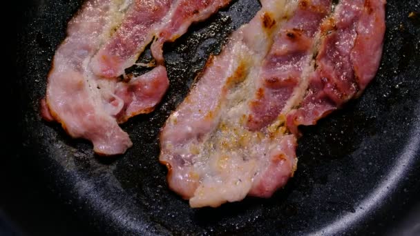 Fett Saftiga Bacon Strips Steker Sitt Eget Fett Bacon Favorit — Stockvideo