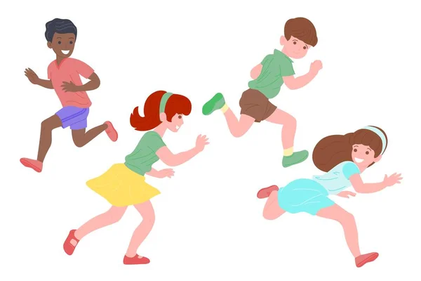 Mutlu çocuklar spor oyunları oynuyor. Oğlanlar ve kız fiziksel egzersiz yapıyorlar. Çocuklar kovalamaca oynarlar. Aktif sağlıklı çocukluk. Beyaz arkaplanda izole edilmiş düz vektör çizimi