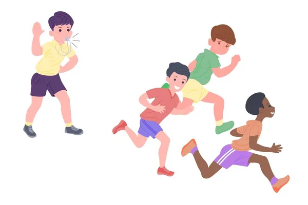 Gelukkige kinderen die sport spelen. De jongens en het meisje doen fysieke oefeningen. Kinderen spelen inhaalslag. Actieve gezonde jeugd. Set platte vectorillustraties geïsoleerd op witte achtergrond — Stockvector