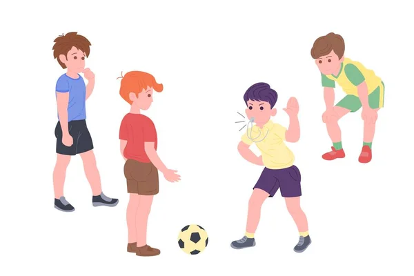Spor yapan mutlu çocuklar. Erkek ve kız fiziksel egzersiz yapıyorlar. Çocuklar futbol oynuyor. Aktif sağlıklı çocukluk. Düz vektör karikatür çizimi beyaz arkaplanda izole edildi