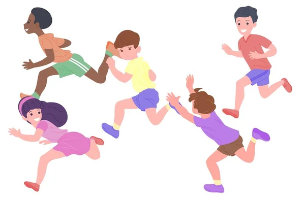 Mutlu çocuklar spor oyunları oynuyor. Oğlanlar ve kızlar fiziksel egzersiz yapıyorlar. Çocuklar kovalamaca oynarlar. Aktif sağlıklı çocukluk. Beyaz arkaplanda izole edilmiş düz vektör çizimi