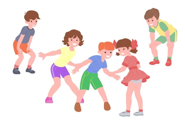 Happy children playing sports games. The boys and the girls are doing physical exercises. Children play catch-up. Active healthy childhood. Set of flat vector illustration isolated on white background — Stock Vector
