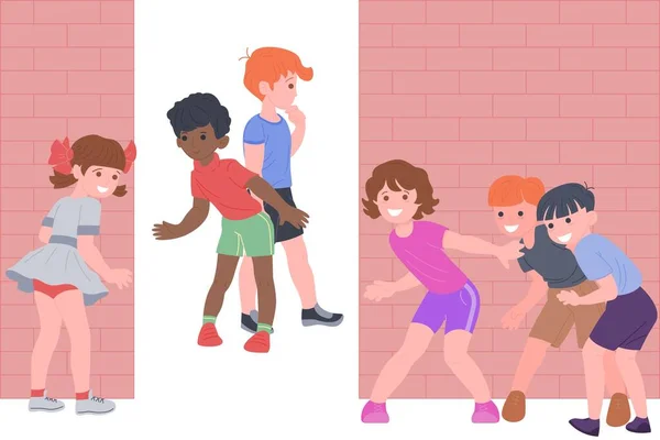 Mutlu çocuklar spor oyunları oynuyor. Oğlanlar ve kızlar fiziksel egzersiz yapıyorlar. Çocuklar kovalamaca oynarlar. Aktif sağlıklı çocukluk. Beyaz arkaplanda izole edilmiş düz vektör çizimi