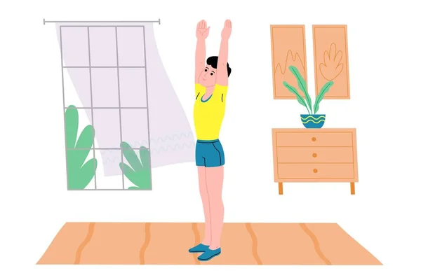 Joven haciendo ejercicios físicos deportivos, entrenamientos en casa y fitness en casa durante la cuarentena y llevar un estilo de vida saludable. Ilustración vectorial plana. Personas, hombres y mujeres que utilizan la casa como gimnasio. — Vector de stock