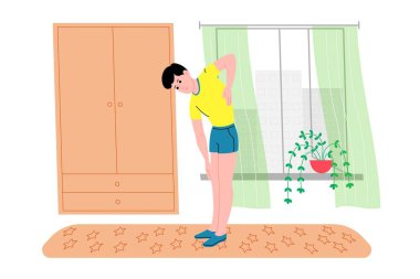 Genç bir adam karantina sırasında spor yapıyor, evde antrenman yapıyor ve sağlıklı bir yaşam sürüyor. Düz vektör çizimi. İnsanlar, erkekler ve kadınlar evi spor salonu olarak kullanıyorlar..