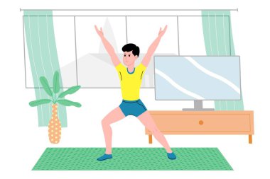 Genç bir adam karantina sırasında spor yapıyor, evde antrenman yapıyor ve sağlıklı bir yaşam sürüyor. Düz vektör çizimi. İnsanlar, erkekler ve kadınlar evi spor salonu olarak kullanıyorlar..