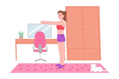 Genç bir kız karantina sırasında spor yapıyor, evde antrenman yapıyor ve sağlıklı bir yaşam sürüyor. Düz vektör çizimi. İnsanlar, erkekler ve kadınlar evi spor salonu olarak kullanıyorlar..