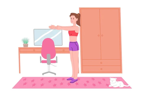 Genç bir kız karantina sırasında spor yapıyor, evde antrenman yapıyor ve sağlıklı bir yaşam sürüyor. Düz vektör çizimi. İnsanlar, erkekler ve kadınlar evi spor salonu olarak kullanıyorlar..