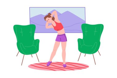 Genç bir kız karantina sırasında spor yapıyor, evde antrenman yapıyor ve sağlıklı bir yaşam sürüyor. Düz vektör çizimi. İnsanlar, erkekler ve kadınlar evi spor salonu olarak kullanıyorlar..