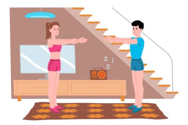 Genç bir erkek ve kız karantina süresince evde spor egzersizleri yapıyor, spor yapıyor ve sağlıklı bir yaşam sürüyor. Düz vektör çizimi. Erkekler ve kadınlar evi spor salonu olarak kullanıyorlar..