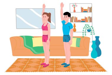 Genç bir erkek ve kız karantina süresince evde spor egzersizleri yapıyor, spor yapıyor ve sağlıklı bir yaşam sürüyor. Düz vektör çizimi. Erkekler ve kadınlar evi spor salonu olarak kullanıyorlar..