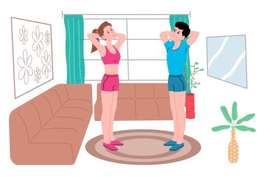 Genç bir erkek ve kız karantina süresince evde spor egzersizleri yapıyor, spor yapıyor ve sağlıklı bir yaşam sürüyor. Düz vektör çizimi. Erkekler ve kadınlar evi spor salonu olarak kullanıyorlar..