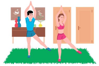 Genç bir erkek ve kız karantina süresince evde spor egzersizleri yapıyor, spor yapıyor ve sağlıklı bir yaşam sürüyor. Düz vektör çizimi. Erkekler ve kadınlar evi spor salonu olarak kullanıyorlar..