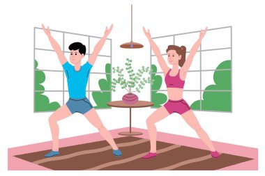 Genç bir erkek ve kız karantina süresince evde spor egzersizleri yapıyor, spor yapıyor ve sağlıklı bir yaşam sürüyor. Düz vektör çizimi. Erkekler ve kadınlar evi spor salonu olarak kullanıyorlar..