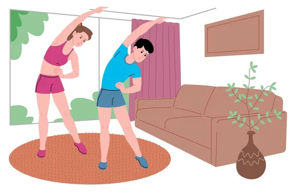 Genç bir erkek ve kız karantina süresince evde spor egzersizleri yapıyor, spor yapıyor ve sağlıklı bir yaşam sürüyor. Düz vektör çizimi. Erkekler ve kadınlar evi spor salonu olarak kullanıyorlar..