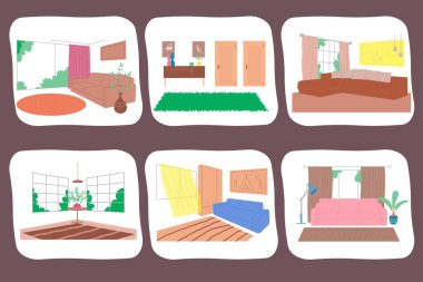 Mobilyalarla dekore edilmiş karikatür seti. Yatak odası, yatak odası, gardırop, mutfak, koridor, pencereler. Beyaz arkaplan üzerindeki vektör düz çizimler.