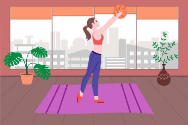 Genç bir kız karantina sırasında spor yapıyor, evde antrenman yapıyor ve sağlıklı bir yaşam sürüyor. Düz vektör çizimi. İnsanlar, erkekler ve kadınlar evi spor salonu olarak kullanıyorlar..