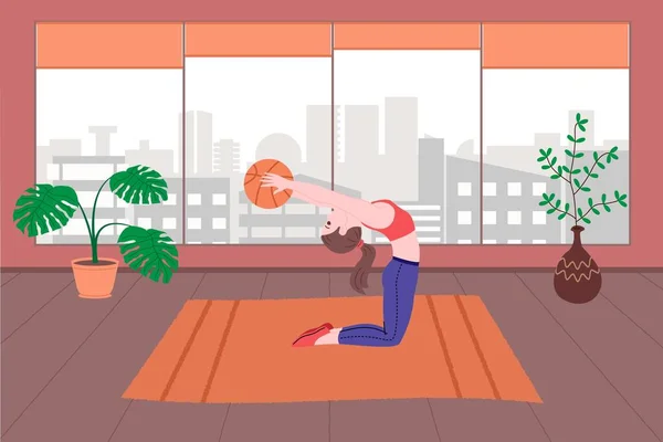 Genç bir kız karantina sırasında spor yapıyor, evde antrenman yapıyor ve sağlıklı bir yaşam sürüyor. Düz vektör çizimi. İnsanlar, erkekler ve kadınlar evi spor salonu olarak kullanıyorlar..