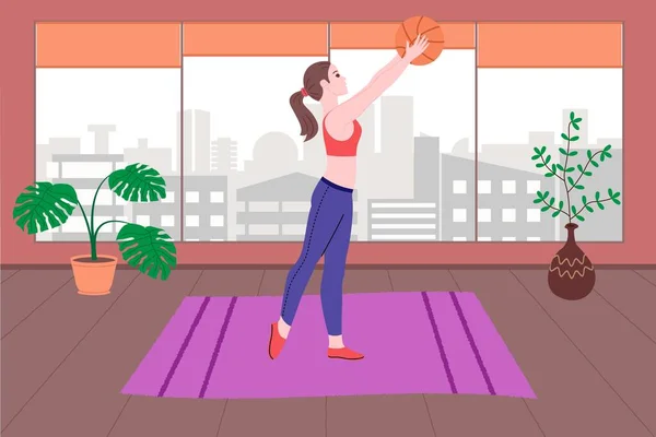 Genç bir kız karantina sırasında spor yapıyor, evde antrenman yapıyor ve sağlıklı bir yaşam sürüyor. Düz vektör çizimi. İnsanlar, erkekler ve kadınlar evi spor salonu olarak kullanıyorlar..