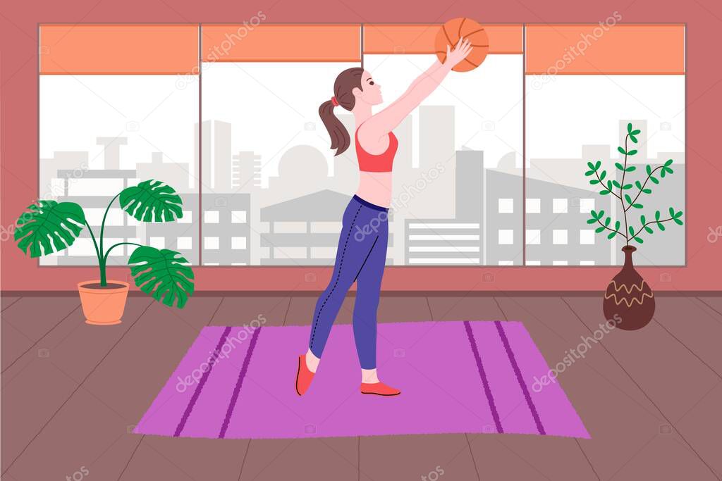 Young girl doing sports physical exercises, home workouts and fitness at home during quarantine and lead healthy lifestyle. Flat vector illustration. People, men and women using the house as a gym.