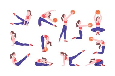 Antrenman kızı seti. Kadın spor yapıyor, yoga yapıyor ve sağlıklı bir yaşam sürüyor. Topla tam vücut antrenmanı. Akciğerler ve çömelmeler, kalas ve kalas. Düz vektör karikatür çizimi. 