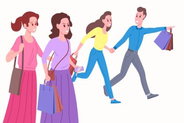 Kara Cuma ya da büyük satış konsepti. Mevsimlik sosyal medya afişi ya da broşürü. Gençler, arkadaşlar, çantalarla alışveriş yapıyorlar. Çizgi film tarzında vektör illüstrasyonu. smm için arkaplan.