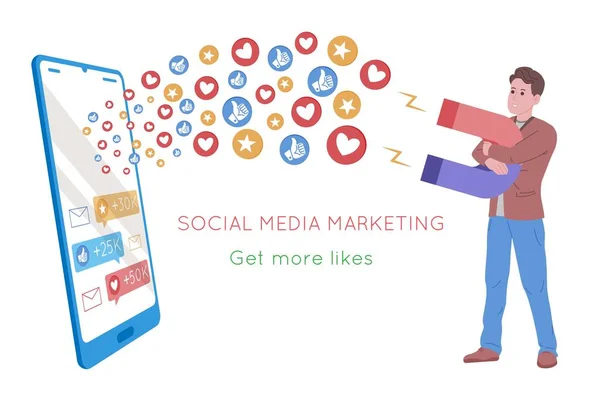 Smm, sosyal medya pazarlaması, internette dijital promosyon, sosyal ağ. Smm ajansı bayrağı. İnsan kalbi çeker ve bir mıknatıs ile sever. Reklam hizmetleri için çizgi film vektör illüstrasyonu.