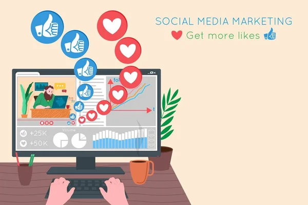 Smm, sosyal medya pazarlaması, internette dijital promosyon, sosyal ağ. Smm ajansı bayrağı. Müdür bir tanıtım stratejisi ve pazarlama hazırlıyor. Reklam için çizgi film vektör illüstrasyonu.
