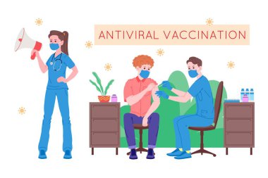 Bağışıklık sistemi için aşı konsepti. Aşı anti-Covid-19. Doktorlar hastanede pasifleşmek için grip aşısı yapıyor ve bir sonraki aşıyı da davet ediyorlar. Sağlık, koronavirüs, önleme ve aşılama.