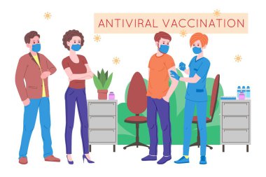 Bağışıklık sistemi için aşı konsepti. Aşı anti-Covid-19. Doktorlar hastanede pasifleşmek için grip aşısı yapıyor ve bir sonraki aşıyı da davet ediyorlar. Sağlık, koronavirüs, önleme ve aşılama.