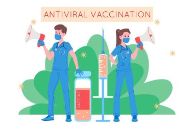 Bağışıklık sistemi için aşı konsepti. Aşı anti-Covid-19. Doktorlar hastanede pasifleşmek için grip aşısı yapıyor ve bir sonraki aşıyı da davet ediyorlar. Sağlık, koronavirüs, önleme ve aşılama.