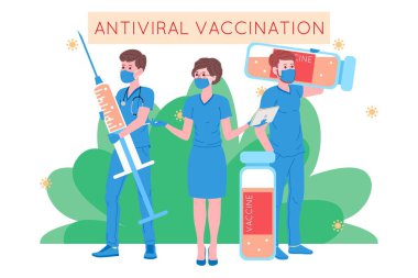 Bağışıklık sistemi için aşı konsepti. Aşı anti-Covid-19. Doktorlar hastanede pasifleşmek için grip aşısı yapıyor ve bir sonraki aşıyı da davet ediyorlar. Sağlık, koronavirüs, önleme ve aşılama.