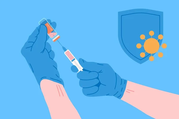 Vaccinatie concept voor immuniteit gezondheid. Vaccin tegen Covid-19. Artsen injecteren een vaccin tegen virussen om te paciperen in het ziekenhuis. Gezondheidszorg, coronavirus, preventie en immunisatie. — Stockvector