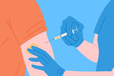 Bağışıklık sistemi için aşı konsepti. Aşı anti-Covid-19. Doktorlar hastanede pasifize etmek için antivirüs aşısı yapıyor. Sağlık, koronavirüs, önleme ve aşılama.