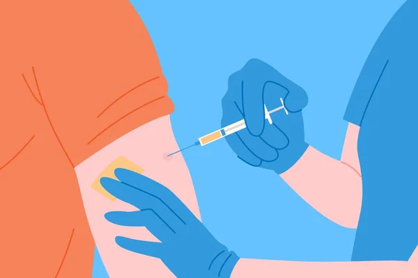 Bağışıklık sistemi için aşı konsepti. Aşı anti-Covid-19. Doktorlar hastanede pasifize etmek için antivirüs aşısı yapıyor. Sağlık, koronavirüs, önleme ve aşılama.