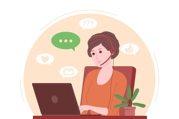 Centre d'appels, service à la clientèle, page d'accueil du support et de l'assistance. Hotline femme opérateur avec écouteurs et ordinateur portable. Concept de télémarketing et de consultation. Illustration vectorielle de bande dessinée. — Image vectorielle