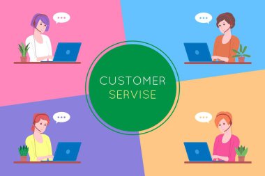 Çağrı merkezi, müşteri hizmetleri, destek ve yardım iniş sayfası. Telefon hattı operatörü, kulaklığı ve bilgisayarı var. Tele pazarlama ve danışmanlık kavramı. Çizgi film vektör illüstrasyonu.