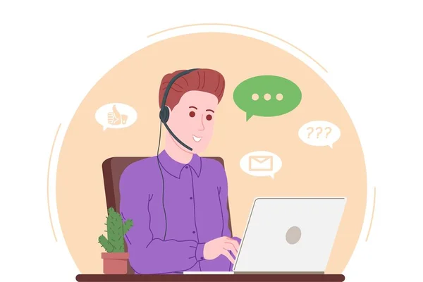 Centre d'appels, service à la clientèle, page d'accueil du support et de l'assistance. Hotline opérateur avec écouteurs et ordinateur portable. Concept de télémarketing et de consultation. Illustration vectorielle de bande dessinée. — Image vectorielle