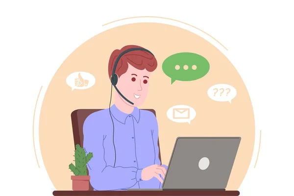 Centre d'appels, service à la clientèle, page d'accueil du support et de l'assistance. Hotline opérateur avec écouteurs et ordinateur portable. Concept de télémarketing et de consultation. Illustration vectorielle de bande dessinée. — Image vectorielle