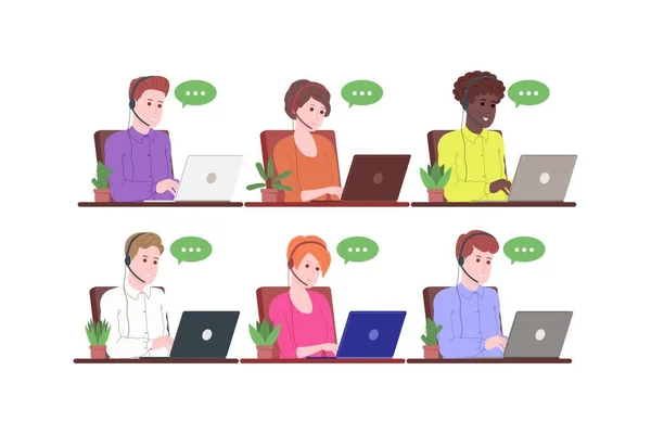 Call center, atendimento ao cliente, suporte e landing page de assistência. Hotline homem e mulher operador com fones de ouvido e laptop. Conceito de telemarketing e consulta. Desenhos animados ilustração vetorial. — Vetor de Stock