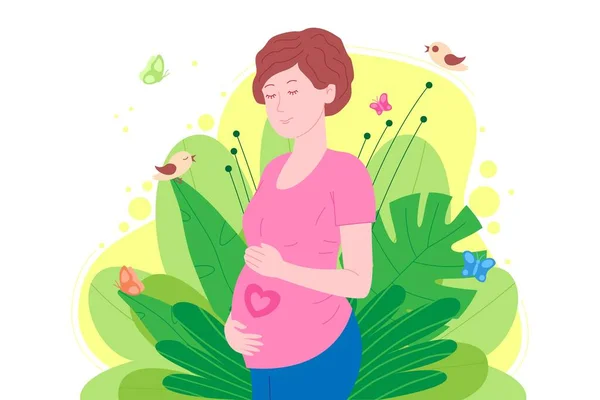 Embarazo, concepto de maternidad. Mujer joven embarazada y feliz sostiene su vientre, que representa un corazón como un símbolo de un bebé en el útero. ilustración plana vector de dibujos animados. Ilustraciones De Stock Sin Royalties Gratis