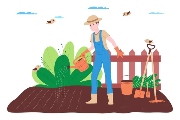 Granja, agricultura y agricultura. Un trabajador agrícola trabaja en una granja, huerto o huerto: excavar el suelo, hacer camas, plantar plántulas de verduras y frutas, y regar las plantas. Ilustración De Stock