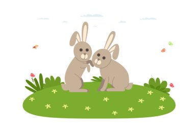 Tavşan. Çiftlik hayvanı. Çimlerde oynayan birkaç tavşan. Çizgi film düz stiliyle vektör illüstrasyonu.