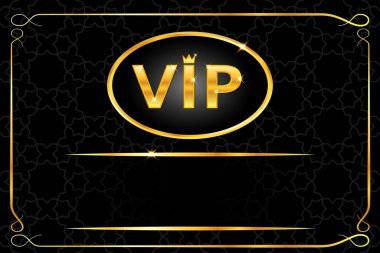 Vip arkaplan, parlak altın yazılı taç ve siyah Arap desenli çerçeve. Premium ve lüks afiş ya da davetiye tasarımı. Vektör illüstrasyonu.