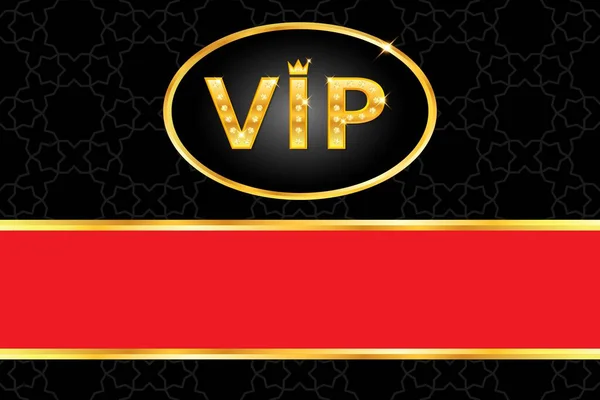 Vip arka plan, parlak altın yazılı, taç ve parlayan elmaslar, çerçeve, siyah Arap desenli kırmızı şerit. Premium ve lüks afiş ya da davetiye tasarımı. Vektör illüstrasyonu.