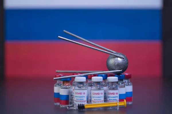 Covid 19 virüsü ve şırıngaya karşı bilinen bir Rus uydusunun adı verilmiş bir grup Rus aşısı. Arka planda odak dışı Rus bayrağı var. Etiket metni, sadece korona virüsü enjeksiyonu.