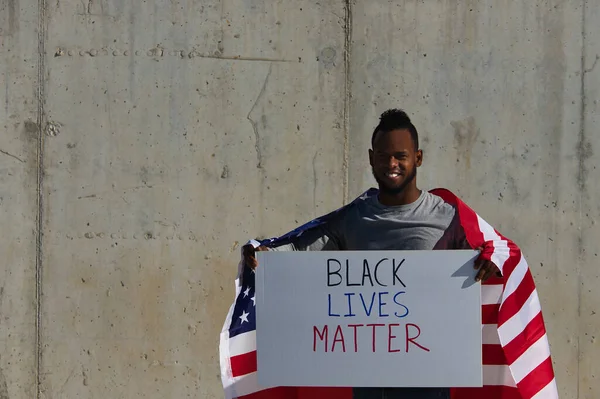 African American Man United States Flag His Shoulders Demonstrating Banner — Stock Photo, Image