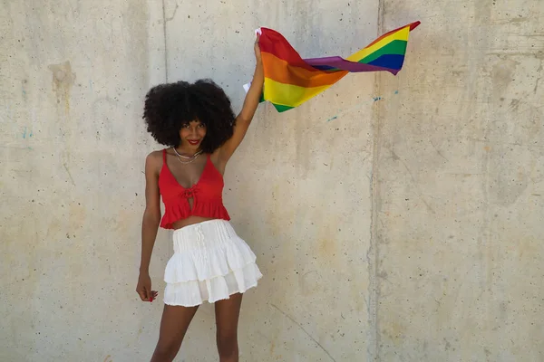 Giovane Bella Donna Afroamericana Alzando Una Bandiera Gay Orgoglio Nel — Foto Stock